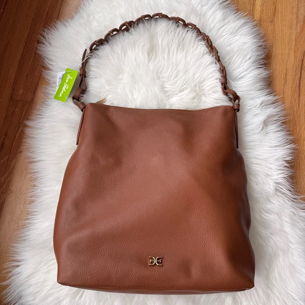 Sam Edelman Bay Large Leather Hobo Bag Chainlink Strap Caramel NWT